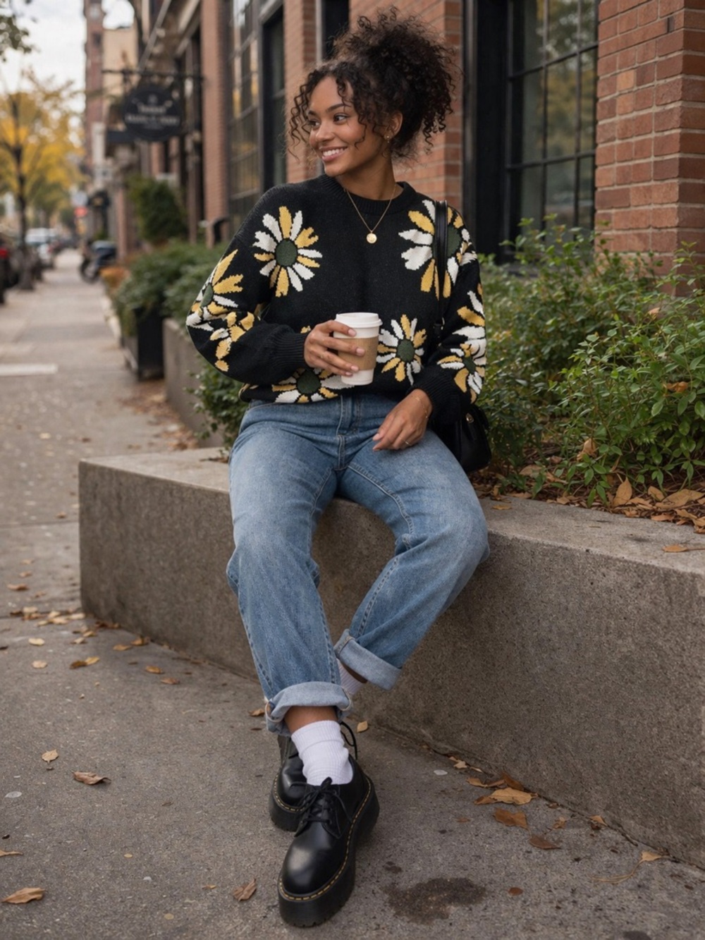 Black Daisy Flower Knit Sweater | Oversized Retro Pullover (XS)